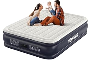 VOSSER Air Mattress Queen with Built in Pump,18'' Inflatable Mattress of Vertical Beams,Self Inflatable/Deflation Blow Up Mattress in 3 Mins,Flocked Top Airbed with Carry Bag for Home, Camping