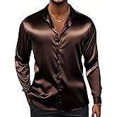 Hi-Tie Men's Silk Satin Dress Shirts Long Sleeve Shiny Casual Button Up Shirts Luxury Party Disco Prom Wedding Shirt
