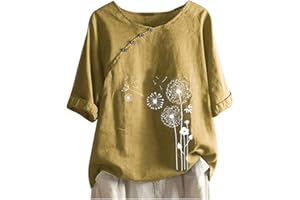 YARDSONG Womens Cotton Linen T-shirts Trendy Dandelion Print Tees Shirts Short Sleeves Round Neck Summer Tops