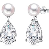 YAMI Pearl Earrings for Women, 925 Sterling Silver Studs 10 * 14mm Pear Shaped Colored Zircon Birthstone Drop Dangle Earrings, 8-8.5MM Freshwater Cultured Pearl Jewelry Gifts