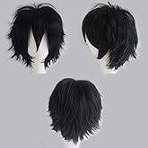 S-noilite Short Unisex Anime Wig - Fluffy Hair Japanese Comic Hairstyle With Layered Bang for Halloween Cosplay Party Costume - Full Synthetic (#Black)