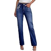 Sidefeel Women's Straight Leg Jeans High Waisted Stretchy Rhinestone Wide Leg Denim Pants