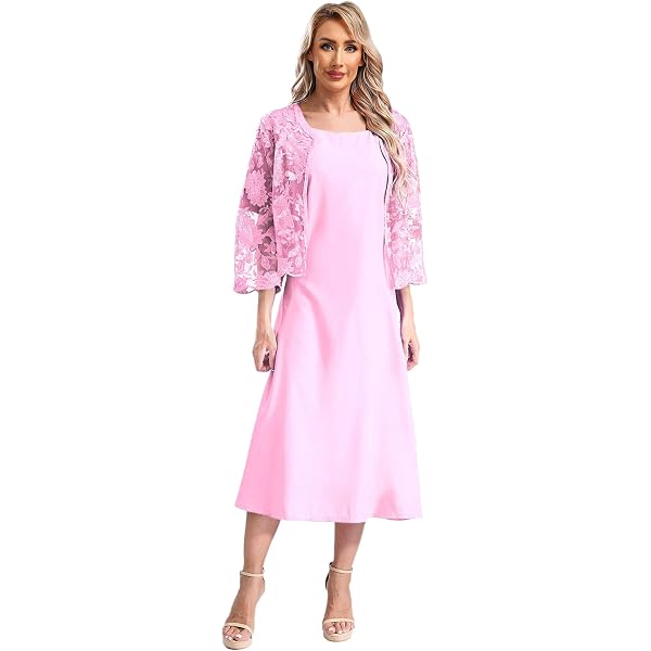 JEATHA Women's Mother of The Bride Dress Suit 2-Piece Set Plus Size Formal  Evening Party Dress with Lace Jacket Outfits Pink Large at Amazon Women's  Clothing store