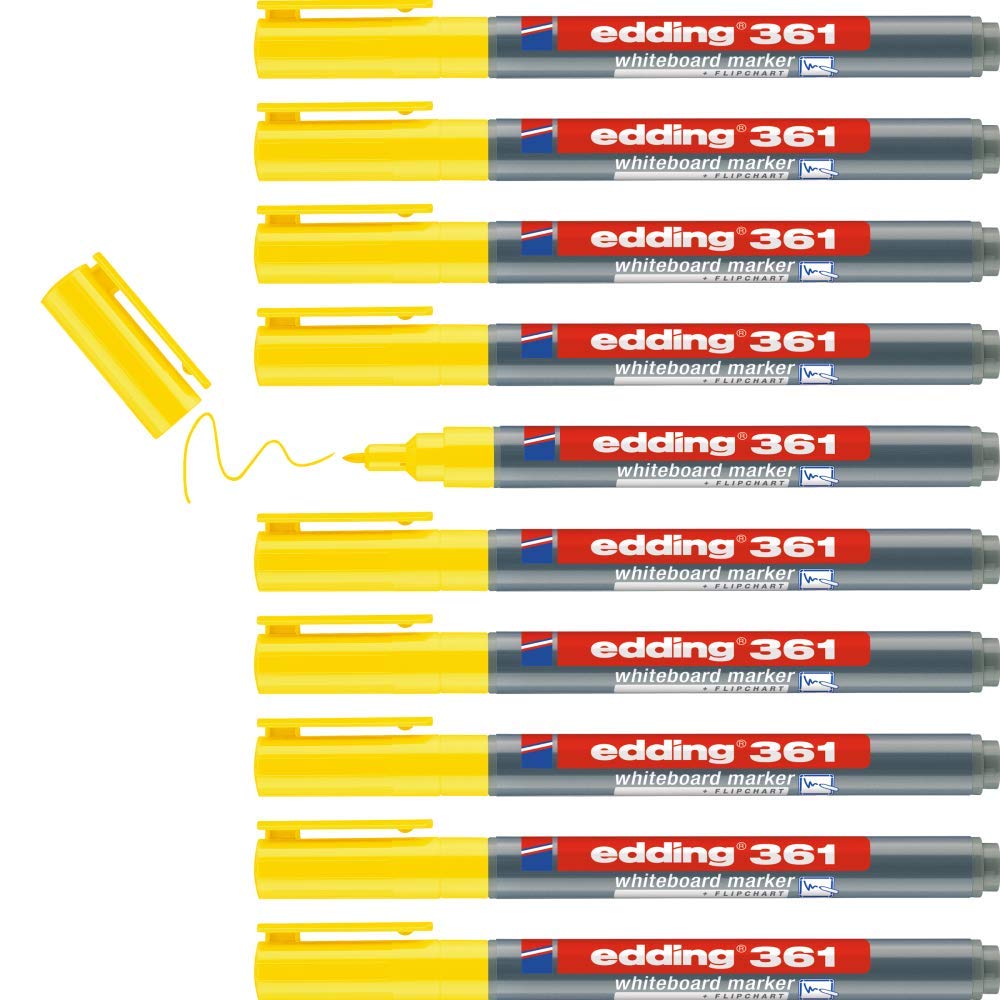 edding 361 whiteboard marker - yellow - 10 whiteboard pens - round tip 1 mm - whiteboard pen dry wipe - for whiteboards, flipcharts, pinboards, magnetic and memo boards - sketchnotes