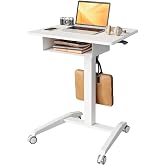 JOY worker Mobile Standing Desk with Drawer, 28" White Rolling Laptop Desk | Pneumatic Height Adjustable, Open Storage Shelf, 4 Rolling Wheels, Portable Sit Stand Desk, Holds 22lbs, Home Office School