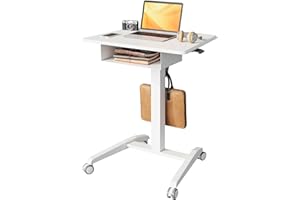 JOY Worker Mobile Standing Desk With Storage Drawer, Pneumatic Height Adjustable Laptop Workstation, White Rolling With Wheels for Home Office Classroom