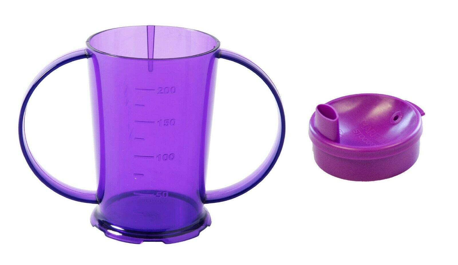 NuHorizons Healthcare Products Two Handled Graduated Beaker with Lid - Pack of 1-200ml Adult Feeder Cup - Drinking Aid (Colour Purple, Wide Spouted Lid)