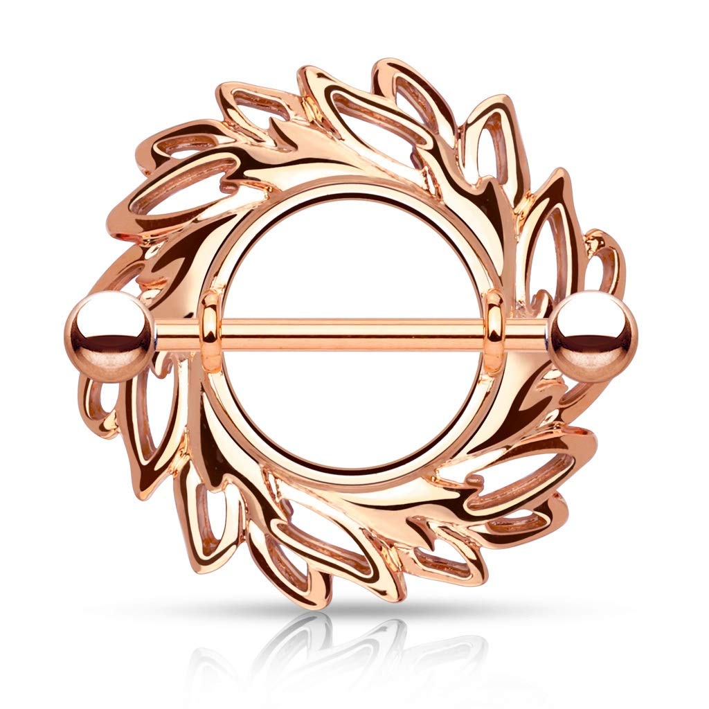 PiercedOff Rose Gold Tone IP over 316L Surgical Steel Nipple Shield with Swirling Tribal Leaves - Thickness 14GA (1.6mm) / Length 19mm / Ball Size 5mm
