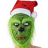 casapre Deluxe Green Christmas Mask with Santa Hat, Plush Fur Costume Accessory, Adult Size, Holiday Character