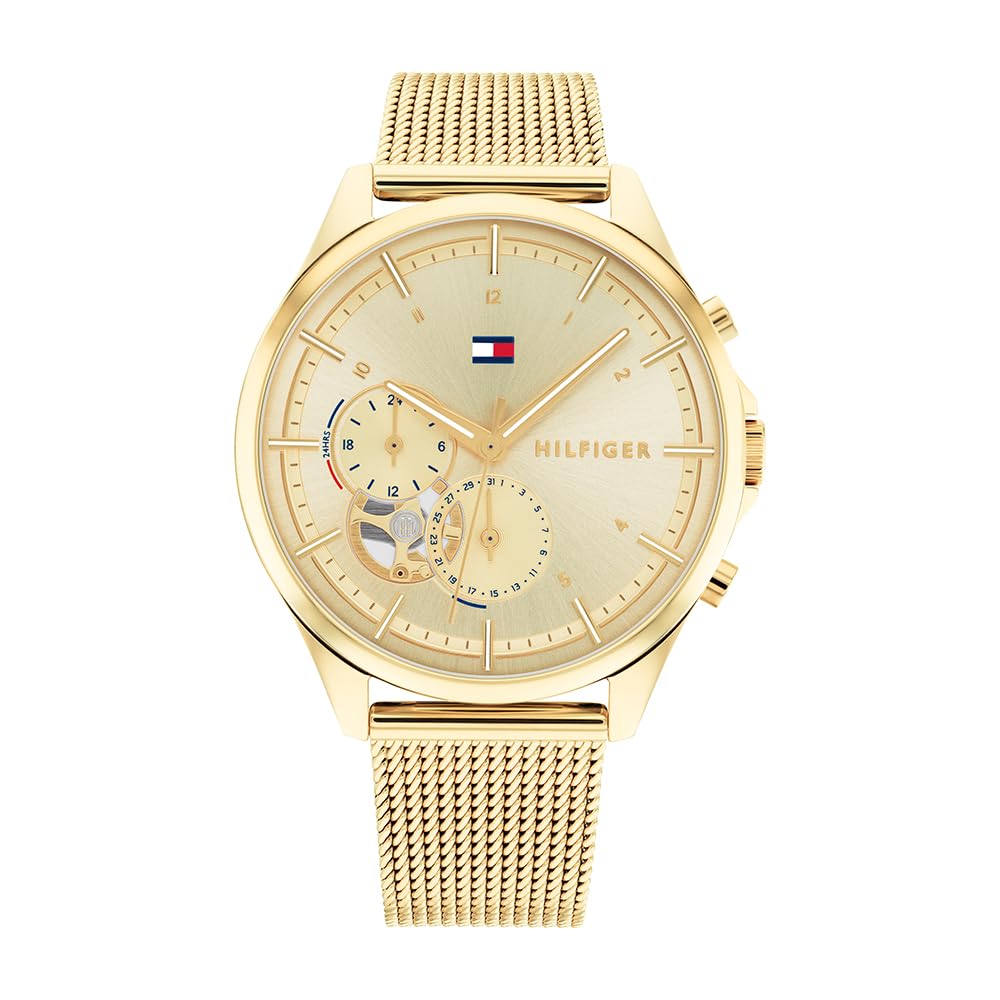 Tommy Hilfiger Analogue Multifunction Quartz Watch for Women with Gold Colored Stainless Steel Mesh Bracelet - 1782417