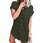 Zilcremo Women Denim Shirt Dresses Short Sleeve Distressed Jean Dress Button Down Casual Tunic Top