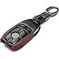Vitodeco Genuine Leather Smart Key Fob Case with Leather Key Strap Compatible with Mercedes-Benz A, C, E, S, CLA, CLS, GLA, GLB, GLC, GLE, GLS, G Glass 2017-2024 (4-Button, Black/Red)