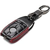 Vitodeco Genuine Leather Smart Key Fob Case with Leather Key Strap Compatible for Mercedes-Benz A, C, E, S, CLA, CLS, GLA, GLB, GLC, GLE, GLS, G Glass (2017 - 2024) - 4-Button, Black/Red