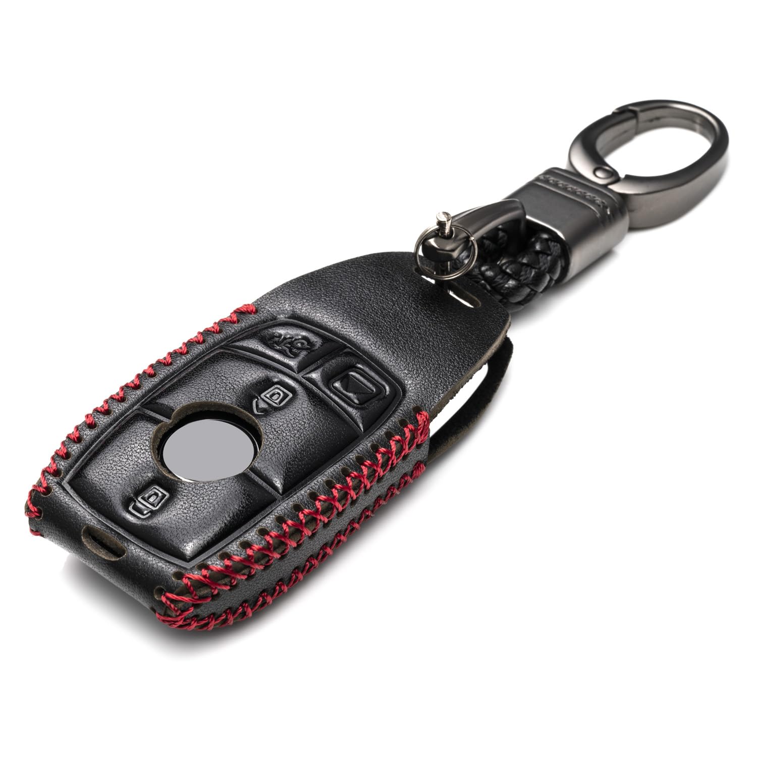 Photo 1 of Vitodeco Genuine Leather Smart Key Fob Case with Leather Key Strap Compatible with Mercedes-Benz A, C, E, S, CLA, CLS, GLA, GLB, GLC, GLE, GLS, G Glass 2017 - 2024 (4-Button, Black/Red)