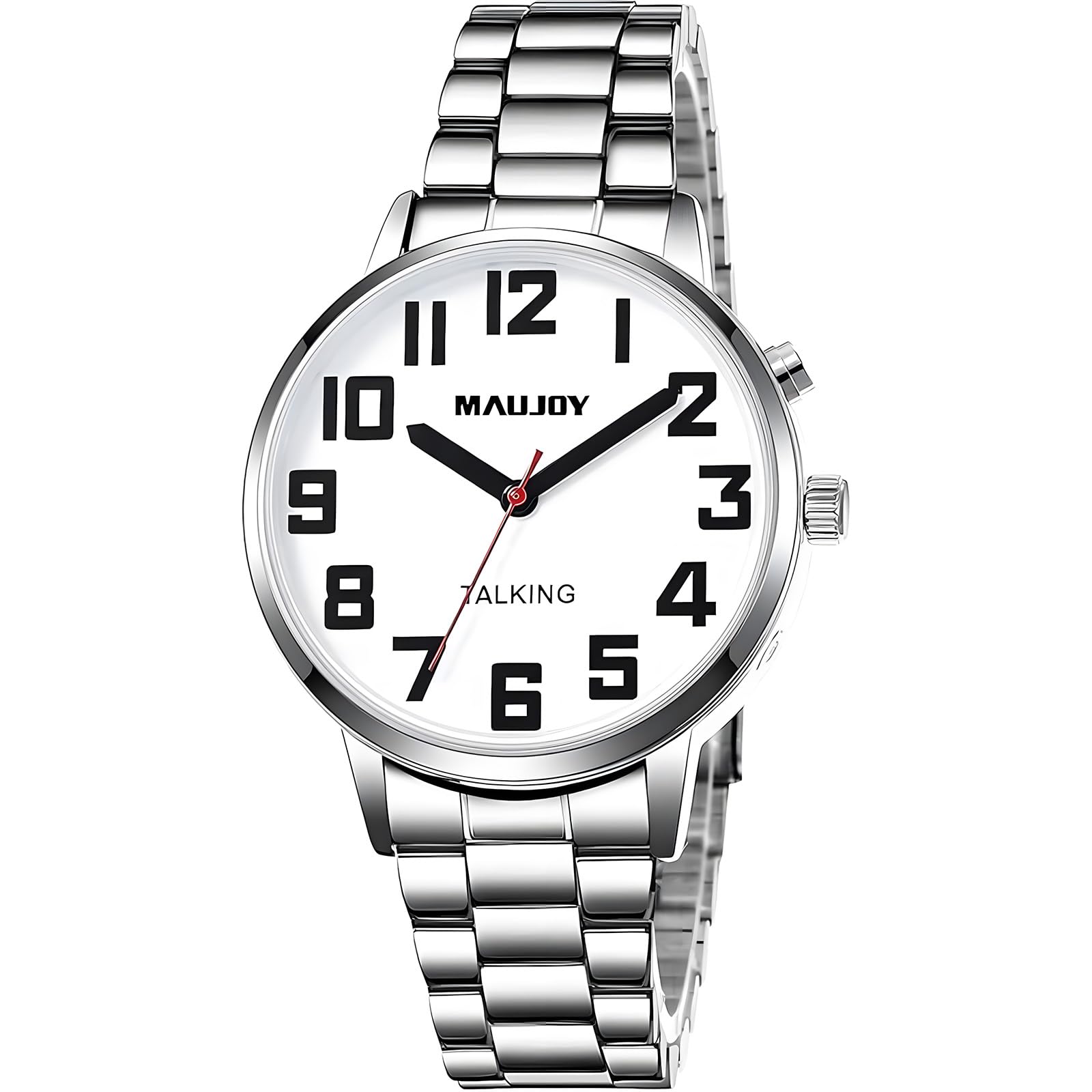 MAUJOY Men's English Talking Watch（Silver Stainless Steel Watch Band） Voice-Activated Quartz Watch, Ideal for Blind & Visually Impaired Elderly