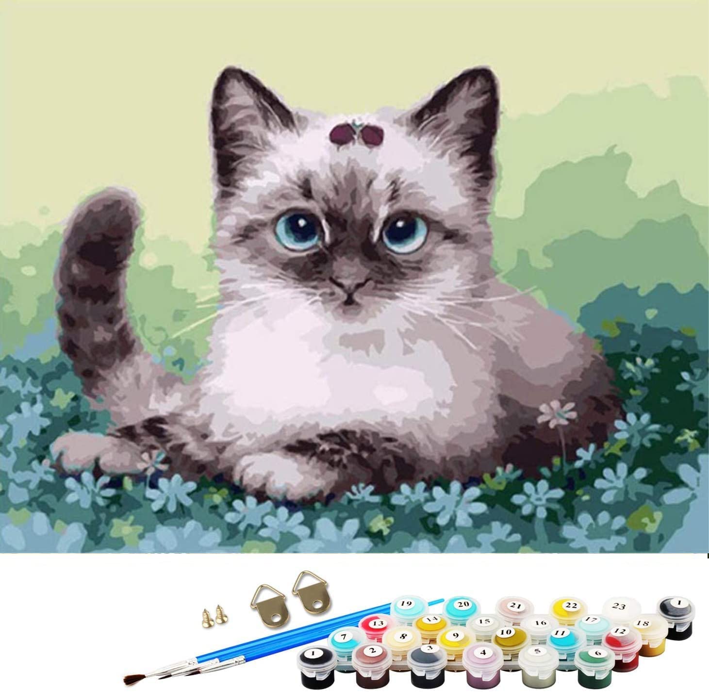 ABEUTY DIY Paint by Numbers for Adults Children, Cat and Blue Flower 16x20 inches Number Painting Art Therapy