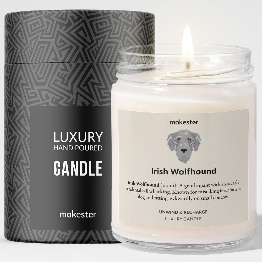 Irish Wolfhound Gifts - Luxury Soy Wax Candle - Vanilla, Jasmine, Sugared Almond - Makester