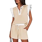 Tankaneo Womens 2 Piece Lounge Sets Summer Outfits V Neck Ruffle Cap Sleeve Tops and Shorts Vacation Matching Set