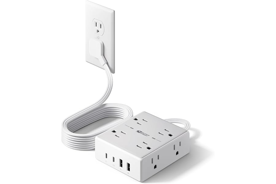 Surge Protector Power Bar, SUPERDANNY 6 Ft Extension Cord with 8 Outlets & 4USB Ports (2 USB 2 C), Mountable Flat Plug Power 