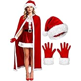 kaiolbly 3 Pcs Christmas Santa Claus Costume, Christmas Santa Claus Robe Hooded Cloak Red Fur Velvet Gloves Hat Mrs Santa Claus Velvet Hooded Cape Robe for Women Party Cosplay Costume