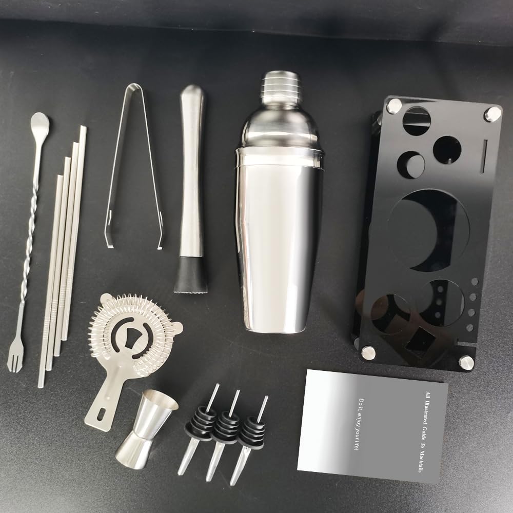 Bartender Kit, 13 Piece Cocktail Shaker Set Stainless Steel Bar Tools with Black Stand, 25 oz Shaker, Jigger, Spoon, Pourers, Muddler, Strainer, Tongs, Recipes - Image 6