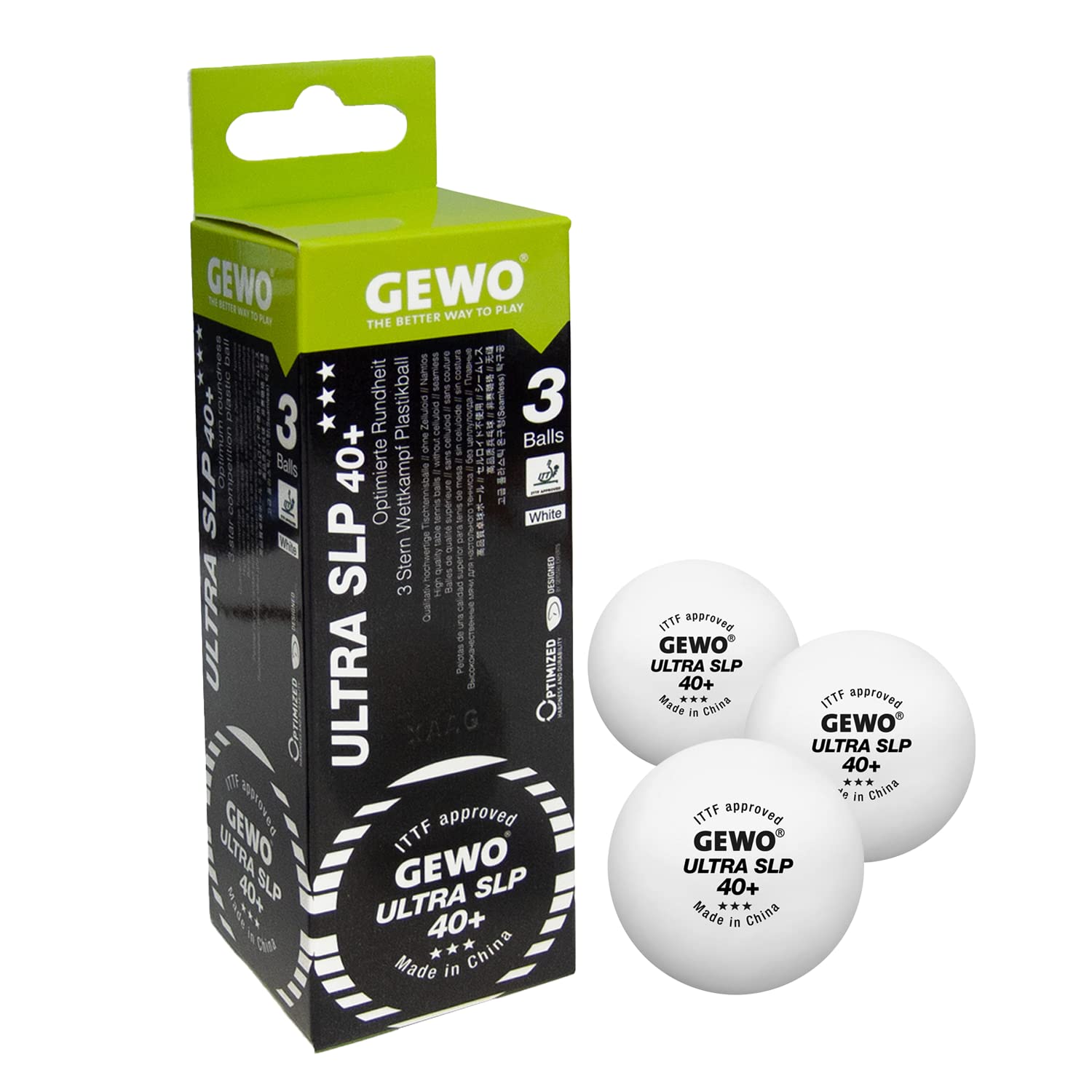 GEWO Ultra SLP Table Tennis Balls - 3 Star Table Tennis Ball Made of Plastic 40+ without Seam - ITTF Certified Competition Balls - 3 Professional Table Tennis Balls White, 40 + mm