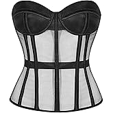 YONABTF Mesh Corset Tops For Women Lace Up Corset Boned Bustier Sexy Overbust Tops Removable Spaghetti Strap Shapewear