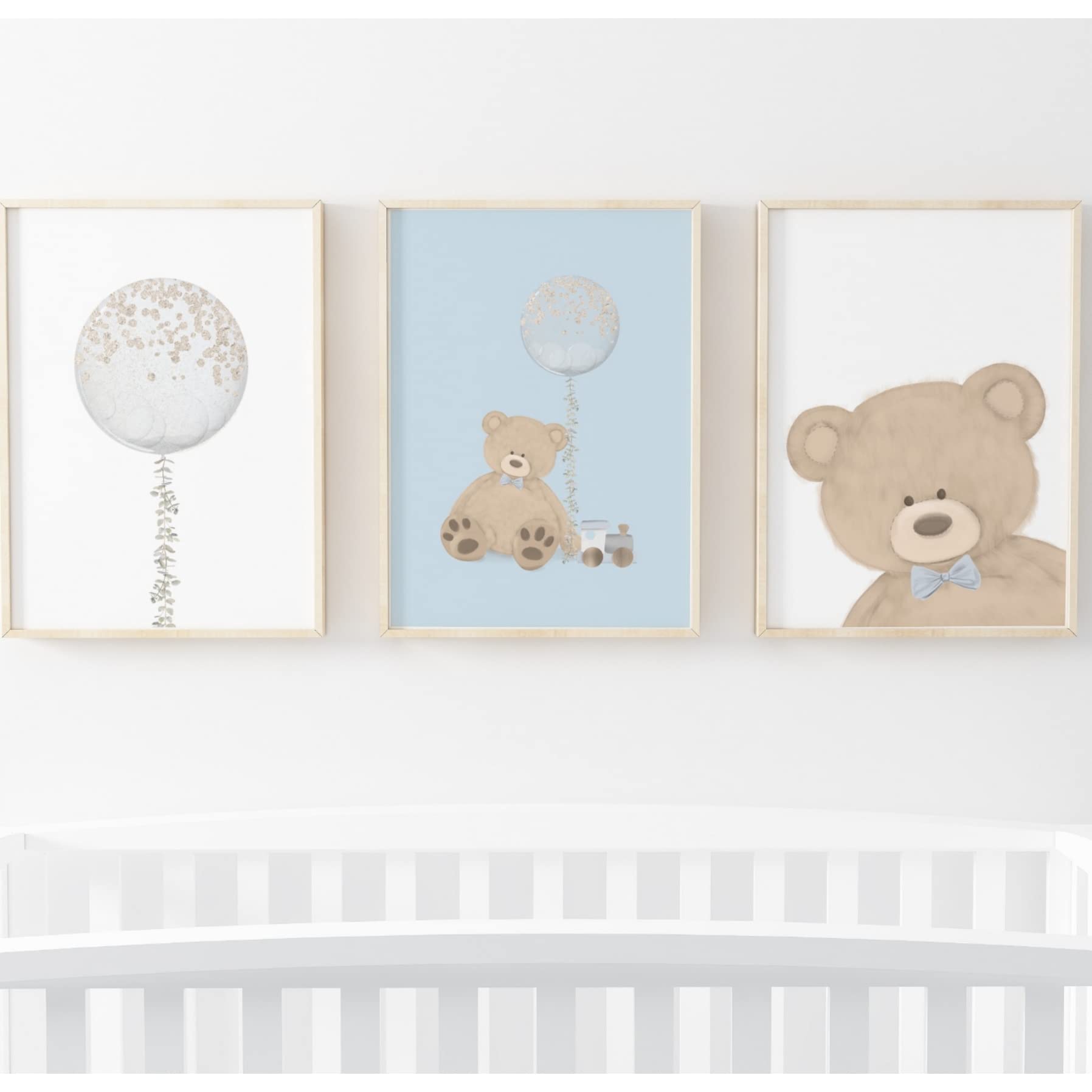 Cute Children's Bear Balloon Prints | Wall Art | Child Room | Kids Room Decor | Cute Animal Print | Animal Nursery Print (A3, Blue)