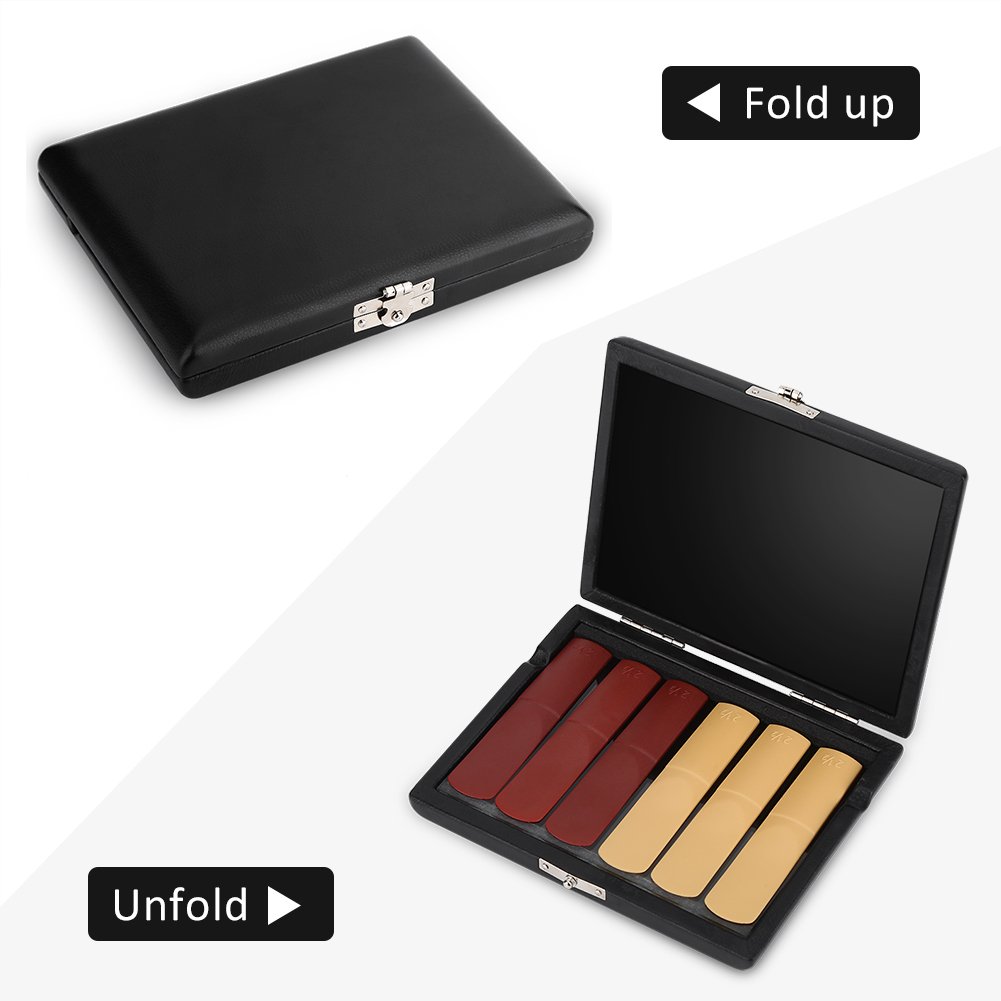 Tbest Saxophone Reed Case Bag, PU Leather Cover Saxophone/Clarinet Reed Container Box Case with Slots replacement for 6pcs Reeds Black
