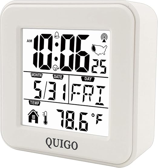 Amazon Com Quigo Small Digital Alarm Clock Atomic Battery Operated Desk Bedroom Bedside Nightstand Kid Smart Travel Temperature Day Date White Home Kitchen