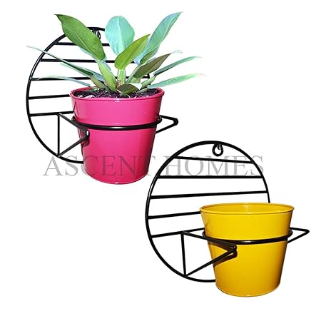 Decorscent Wall Mount Metal Planter Stand with Round Galvanized Bucket Planter (Set of 2 Pcs)