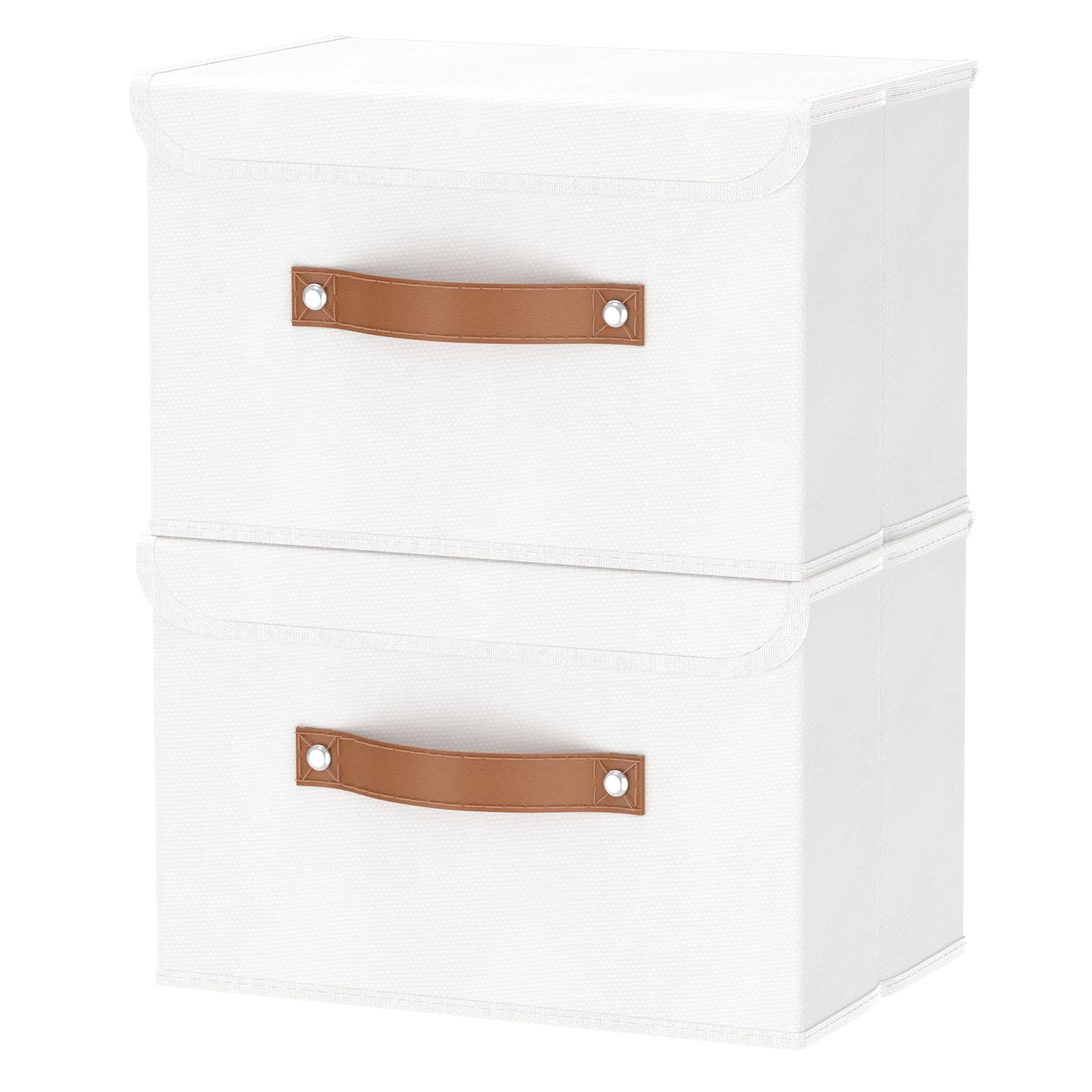 OUTBROS Collapsible Storage Box with Lid, Linen Fabric Clothing Shelf Basket Bins Box For Towels, Clothes 38x25x25 cm (White, 2-Pack)
