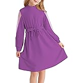 HOOGRIN Girl Sheer Mesh Long Sleeve Mock Neck Tie Waist A line Dress for 6-14 Years