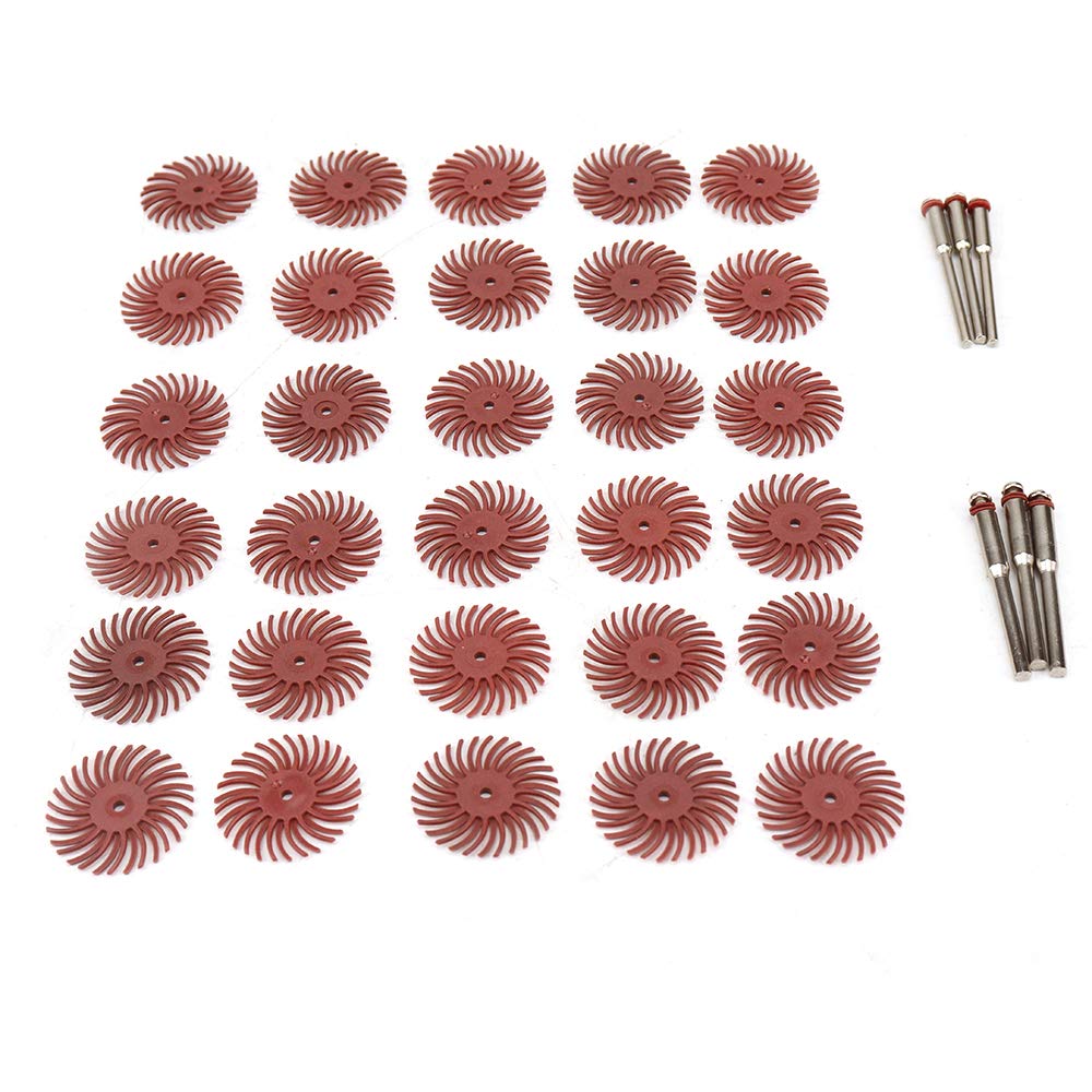 KUOFUCO 30Pcs 1 inch Bristle Disc Kit with 3Pcs 2.35mm / 3mm Shank Mandrels for Rotary Tools,25mm Detail Abrasive Wheel Radial Bristle Buffing Wheel for Jewelry Wood Metal Polishing 220 Grit