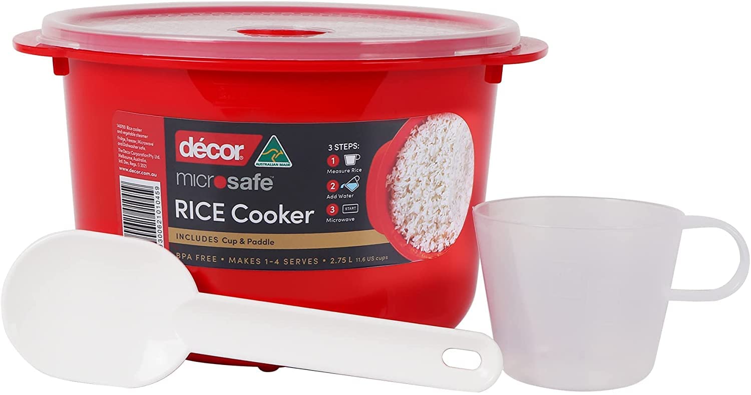Décor Microwave Rice Cooker Makes 1-4 cups each time comes with measuring cup and rice paddle. Stay cool handles and steam release vent. Dishwasher and freezer safe. BPA Free 2.75L Capacity, Red