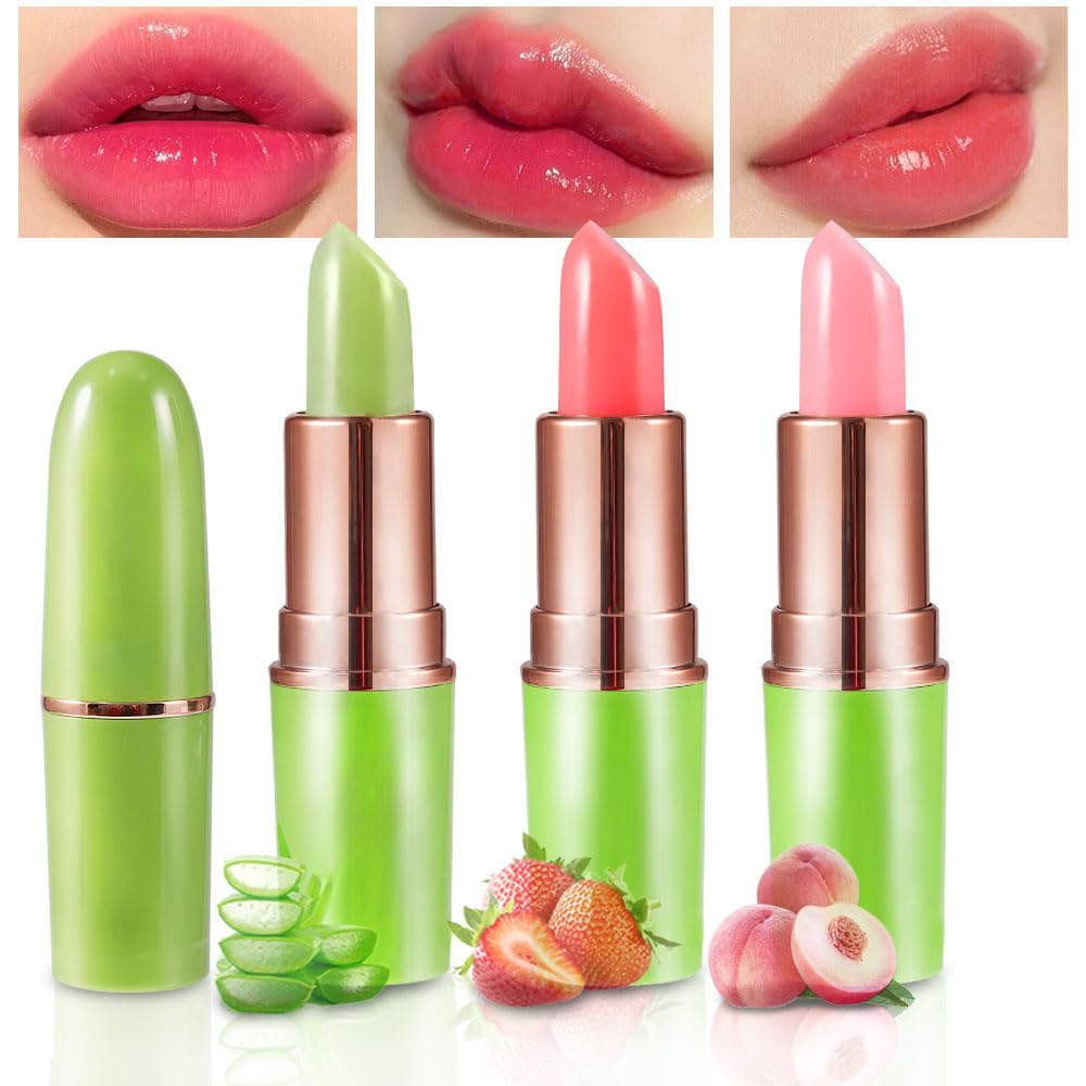 BINGBRUSH Aloe vera Color Changing Lipstick,Moisturizer Long Lasting Lip Care Magic Lip Gloss,Makeup Lipstick Set (3pcs Aloe+Strawberry+ Peach, 3 Count (Pack of 1))
