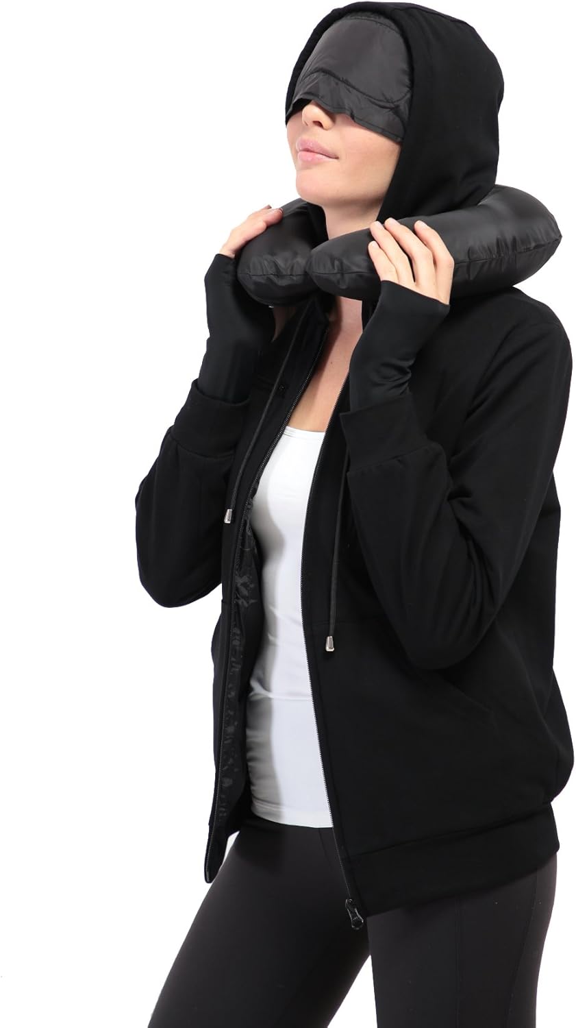 XY37 Women Travel Jacket Hoodie 10 Pockets Travel Pillow Eye Mask Face