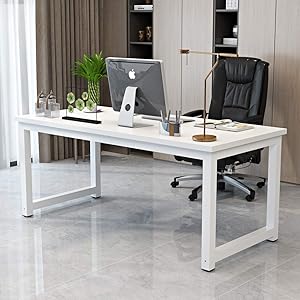 Computer Desk for Home Office PC Laptop Notebook 63" Study Writing Table Modern Simple Office Workstations White Metal Frame