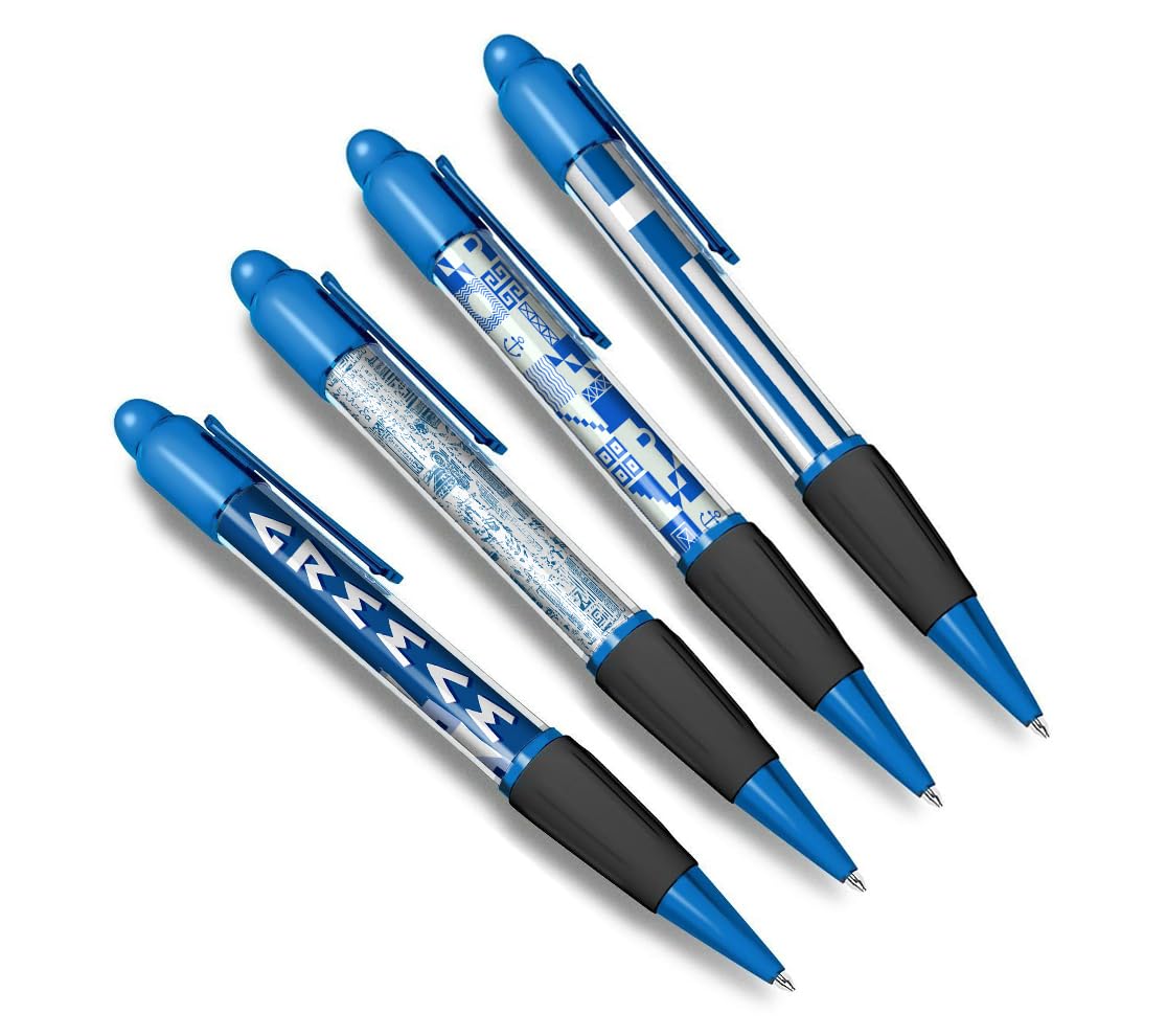 DV DESIGN Set of 4 Greece Blue Ballpoint Pens - Greek Flag City Pattern Travel Holiday Theme Boys Girls Men Women Pen Black Ink #81375
