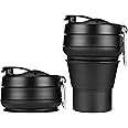 EASYXQ Collapsible Coffee Cup, 16 OZ 480ml Silicone Folding Camping Cup, Leak Proof BPA Free Portable Cup, Travel mug with Lids for hiking (Black)