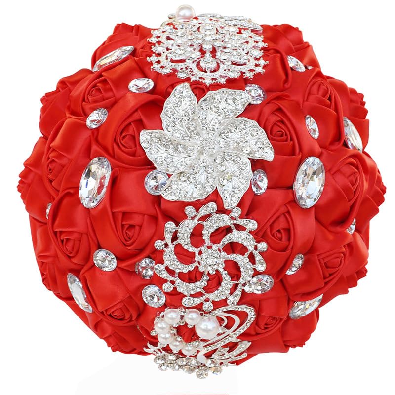 Flonding Wedding Bouquets Crystal Satin Rose Bride Bridal Bouquet Romantic Bridesmaid Holding Flower for Valentine's Day Confession Party Church Decor (Red)