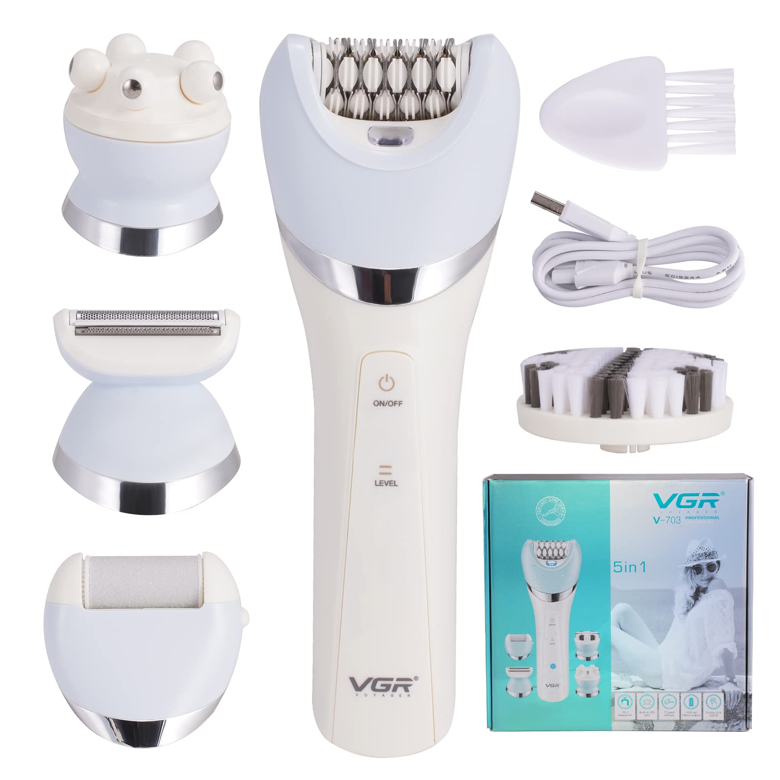 Epilator for Women, 5 in 1 Epilators Wet and Dry Hair Removal with LED Light, 2 Speeds, Rechargeable & Cordless Razor Epilator, Waterproof Electric Hair Remover for Face Legs Arms Armpit Bikini