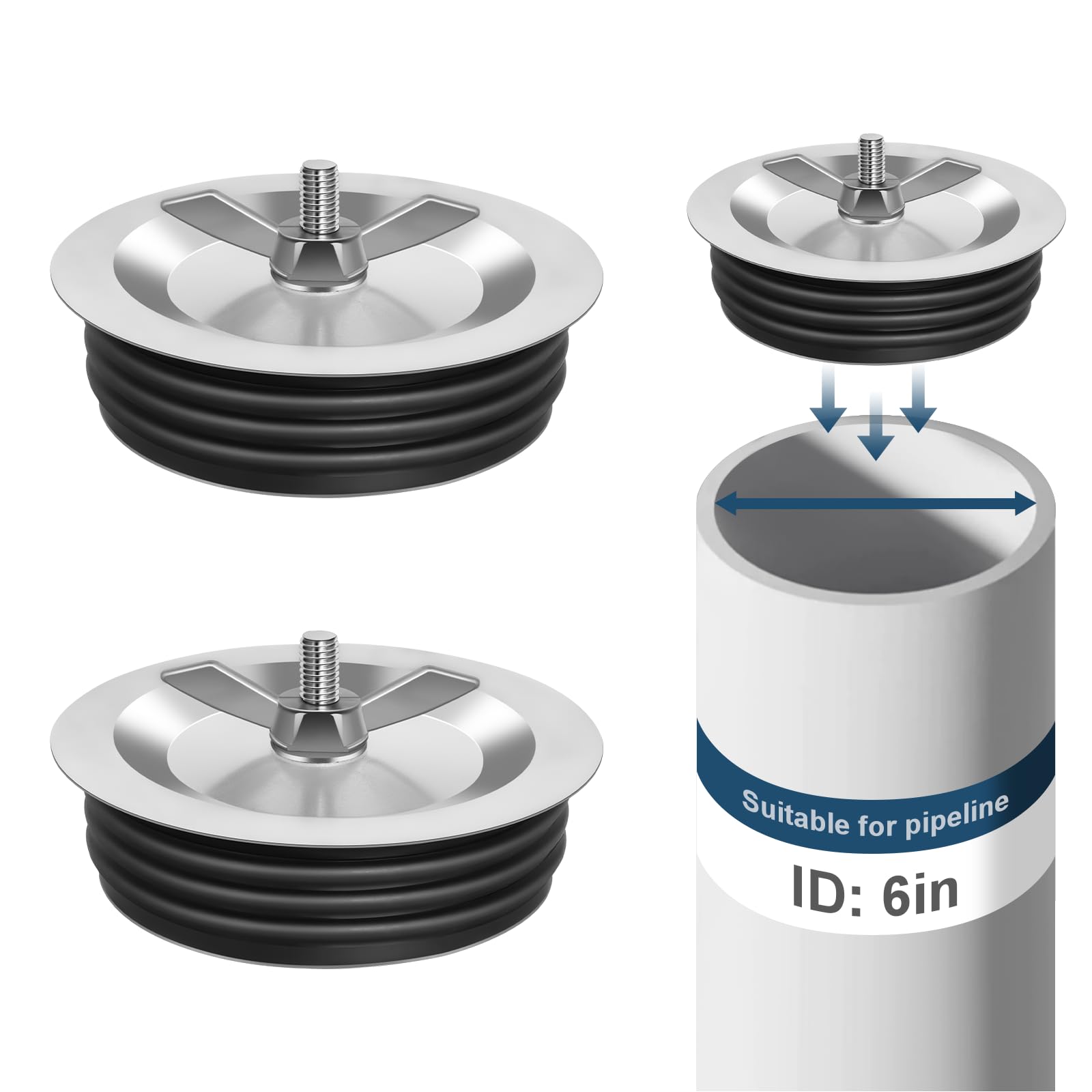 Photo 1 of 6 Inch Steel End of Pipe Mechanical Test Plugs, Upgarade Sewer Cleanout Cap Floor Drain Expansion Plug with Wing Nut Fit for Most Pipes Sink Toilet Pools?2Pack?