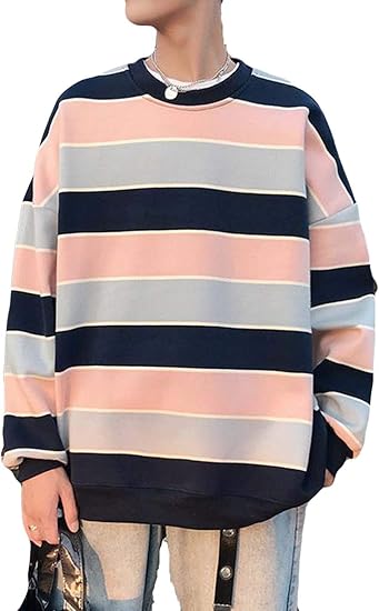 Amazon Debangni スウェット メンズ パーカー 長袖 秋冬 ボーダー柄 トレーナー バイカラー 丸首 おしゃれ プルオーバー ゆったり 学生 カジュアル トップス インナー ファッション 韓国風 トレーナー パーカー 通販