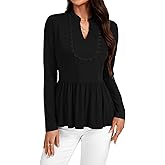 Rooscier Women's Notched V Neck Scallop Peplum Ruffle Long Sleeve Casual Blouses Top Shirt