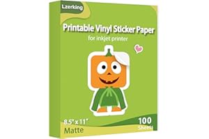 Lzerking Printable Vinyl Sticker Paper for Inkjet Printer 100 Sheets Matte White Waterproof 8.5x11 Inches