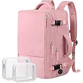 Hanples Carry on Travel Backpack for Women, Large 35L Personal Item Luggage Backpack,17 inch Laptop Backpack TSA Flight Approved, Travel Essentials Casual Daypack with 2 Toiletry Bags (Pink)
