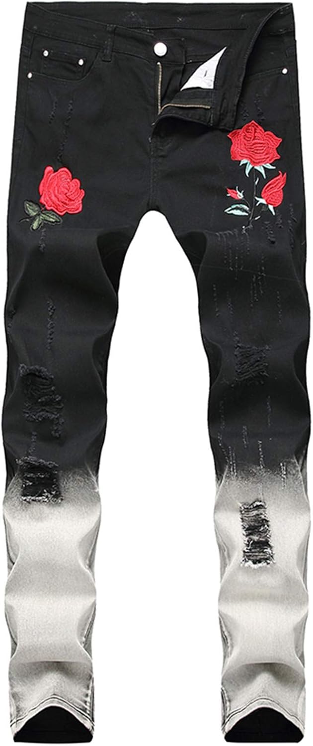 Men's Fashion Rose Flower Embroidery Ripped Jeans Slim Tie Dye Gradient