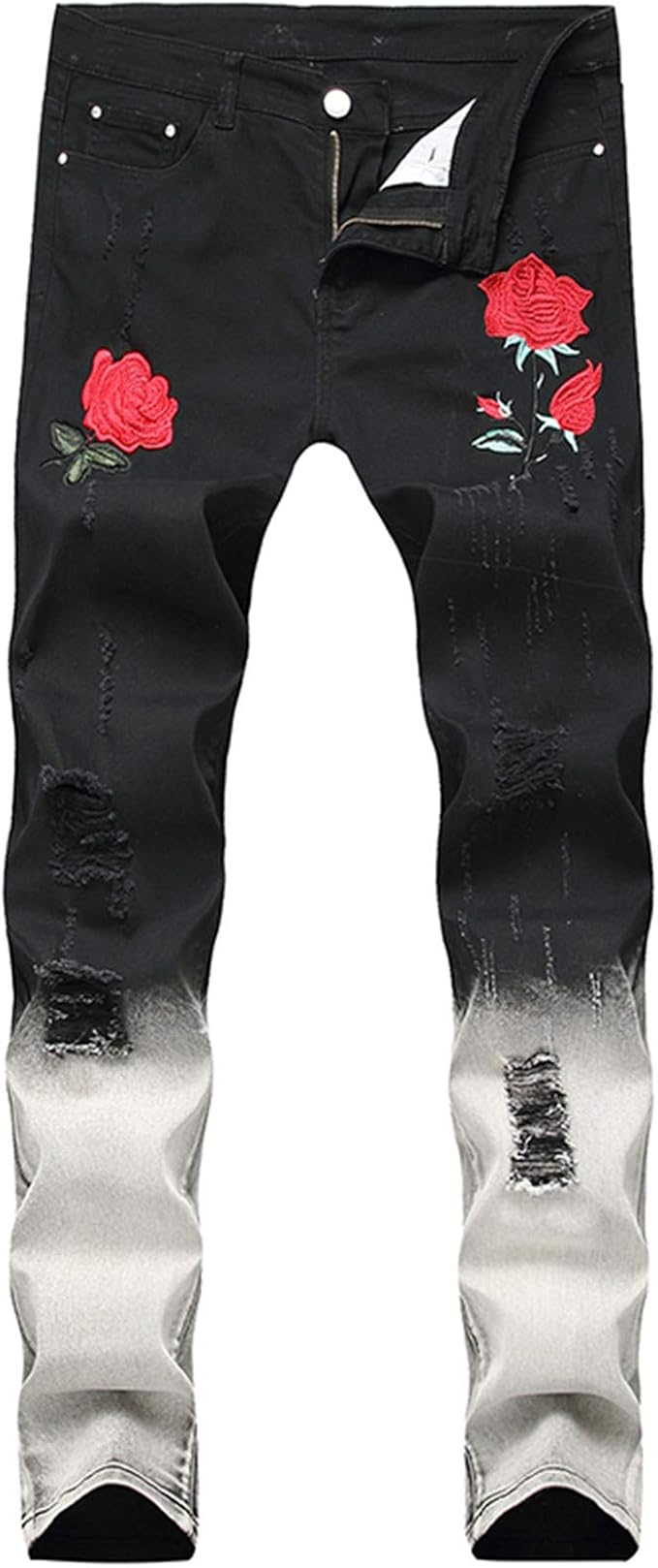 Men's Fashion Rose Flower Embroidery Ripped Jeans Slim Tie Dye Gradient
