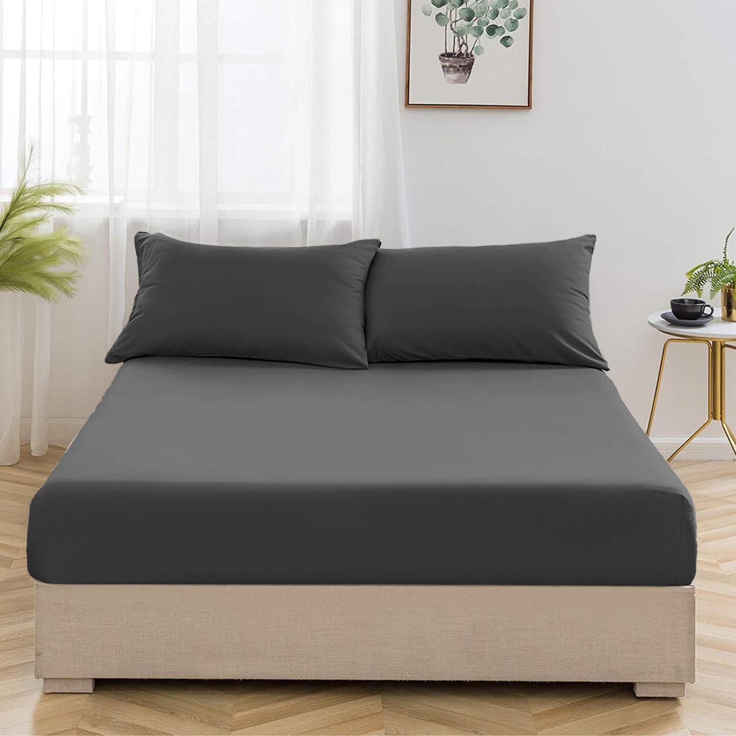 Oxford Homeware Charcoal Super King Fitted Sheets -100% Brushed Microfibre 1800 Easy Care 25 cm Deep Bed Sheet Cover - Shrinkage and Fade Resistance — image 1